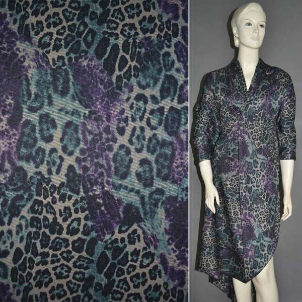 Трикотаж джерси черный с фиолетово-зеленым принтом леопард ш.140