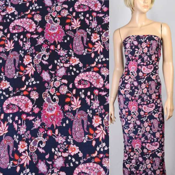 Микролайкра синяя темная с бордово-белыми огурцами и цветами ш.150