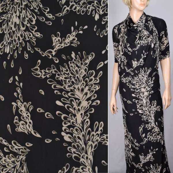 Микролайкра черная с напылением, бежевыми перьями ш.150