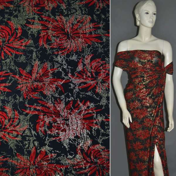 Микролайкра черная с напылением с цветами красными ш.150