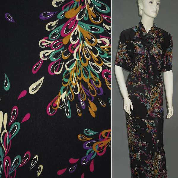 Микролайкра черная с напылением, с цветными перьями ш.150