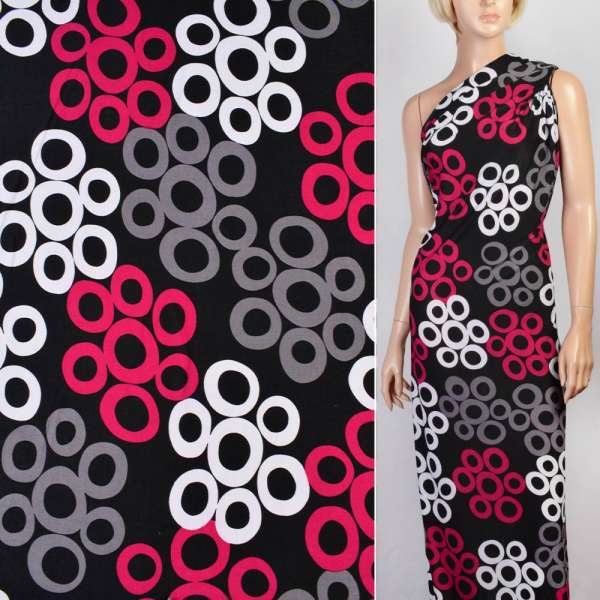 Мікролайкра чорна в кільця білі, сірі, малинові ш.160