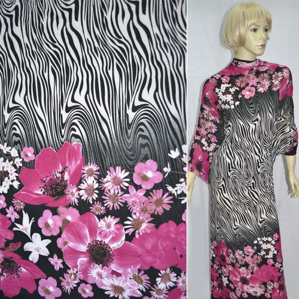 Трикотаж структурні штрихи зебра, 2-ст. купон квіти малинові ш.160