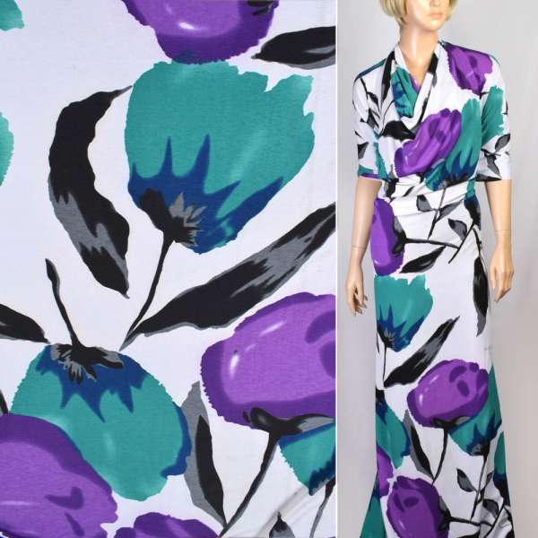 Трикотаж структурные штрихи белый с маками фиолетовыми, бирюзовыми ш.160