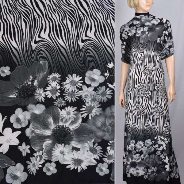 Трикотаж структурные штрихи зебра, 2-ст. купон цветы серые ш.160