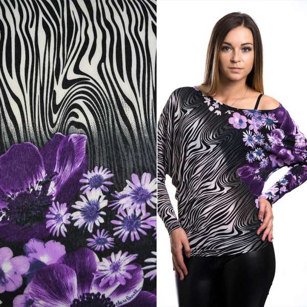 Трикотаж структурные штрихи зебра, 2-ст. купон цветы фиолетовые ш.160