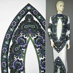 Трикотаж структурные штрихи молочный в цветочный орнамент полосы зеленые ш.160