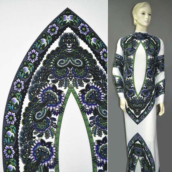 Трикотаж структурні штрихи молочний в квітковий орнамент смуги зелені ш.160