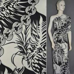 Трикотаж структурные штрихи орнамент, перья, молочно-черный ш.160