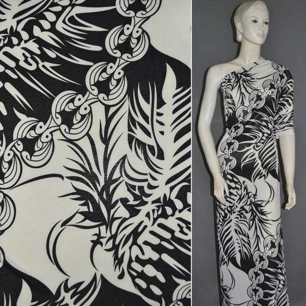 Трикотаж структурные штрихи орнамент, перья, молочно-черный ш.160