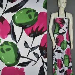 Трикотаж структурные штрихи белый с маками красными и зелеными ш.160