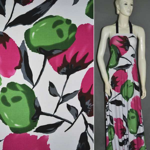 Трикотаж структурные штрихи белый с маками красными и зелеными ш.160