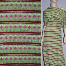 Трикотаж вязаный в зелено-красные полоски с белым зигзагом (чулок) ш.220