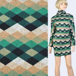 Трикотаж серый черно-зелено-бежевые ромбы, ш.170