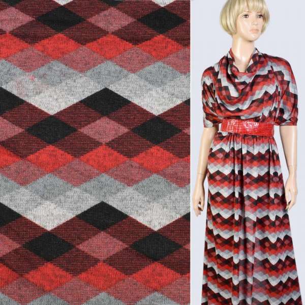 Трикотаж серый черно-красные ромбы, ш.165