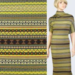 Трикотаж бежевый в желтые, зеленые полоски с орнаментом, ш.165