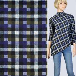 Трикотаж синий в черно-серую клетку, ш.160