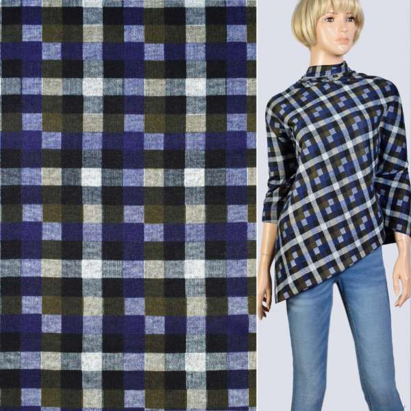 Трикотаж синий в черно-серую клетку, ш.160