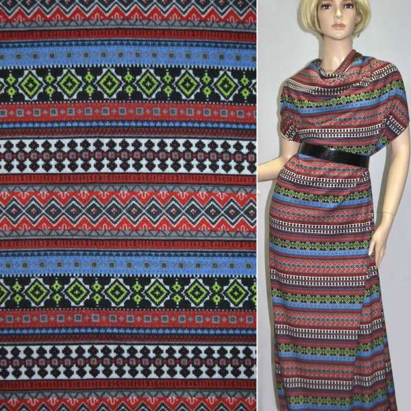 Трикотаж в полоску черно-бело-красную с орнаментом ш.172