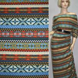 Трикотаж в полоску бежево-зелено-красную с орнаментом ш.172