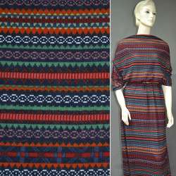 Трикотаж синий темный в зеленые оранжевые и красные полосы с орнаментом ш.170