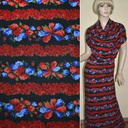 Трикотаж черный в полоски из красных и синих цветов ш.165