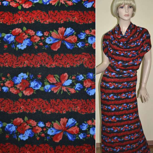 Трикотаж черный в полоски из красных и синих цветов ш.165