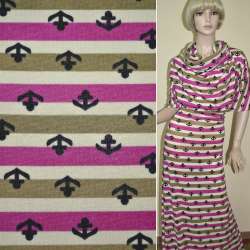 Трикотаж молочный в коричнево-малиновые полоски с черными якорями ш.170