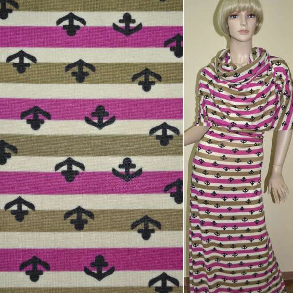 Трикотаж молочный в коричнево-малиновые полоски с черными якорями ш.170