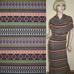 Трикотаж в оливково-бежево-сине-персиковые полоски с геометрическим орнаментом ш.170