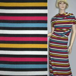 Трикотаж черный в белую, бирюзовую, малиновую полоску ш.164