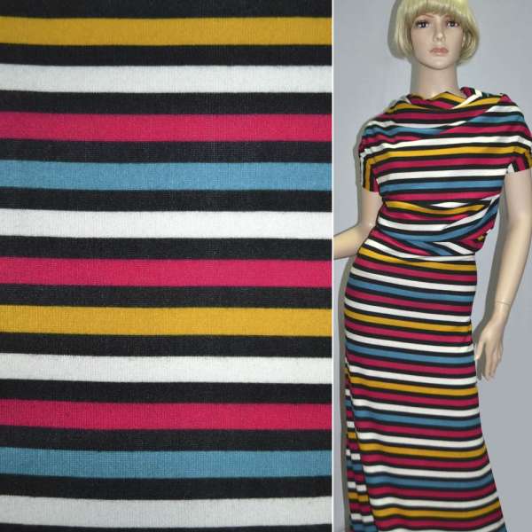 Трикотаж черный в белую, бирюзовую, малиновую полоску ш.164