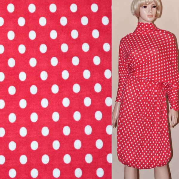 Трикотаж коралово-червоний в білий горох ш.170