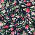 Трикотаж синій темний з біло-рожевими квітами ш.160