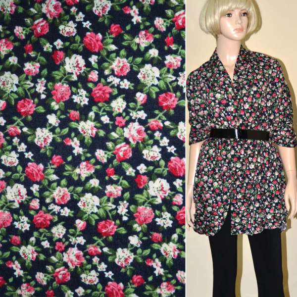 Трикотаж синій темний з біло-рожевими квітами ш.160