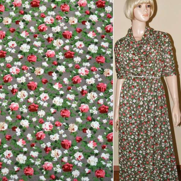 Трикотаж серый с бело-розовыми цветами ш.165