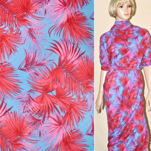 Трикотаж блакитний з рожево-червоними листками ш.165