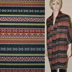 Трикотаж в черно-серые полоски с темно-красным орнаментом ш.170