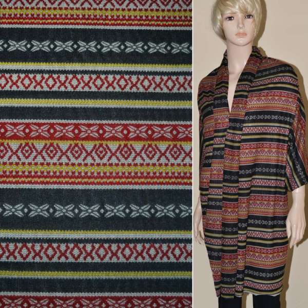 Трикотаж в черно-серые полоски с темно-красным орнаментом ш.170