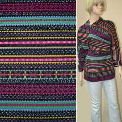 Трикотаж в черно-серые полоски с розово-салатовым орнаментом ш.170