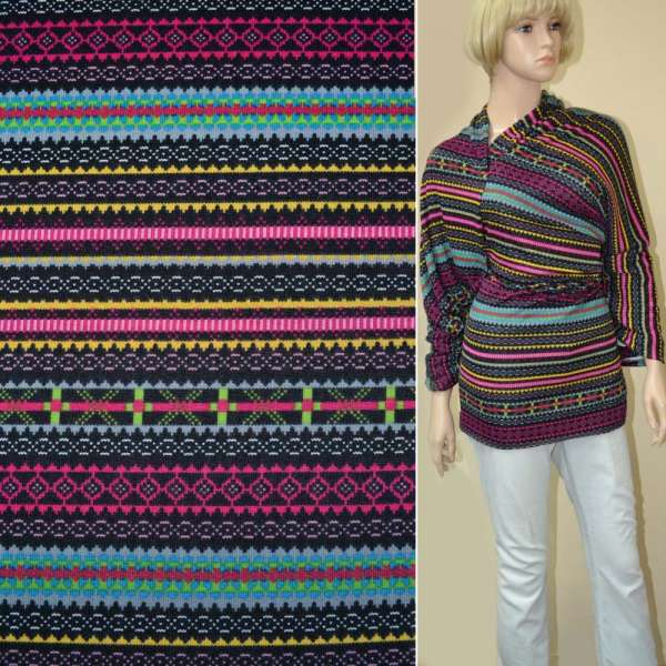 Трикотаж в черно-серые полоски с розово-салатовым орнаментом ш.170