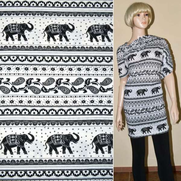 Трикотаж белый с черными слонами и огурцами ш.166