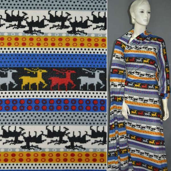 Трикотаж в молочно-черные и сине-желтые полоски с оленями и кружочками ш.160