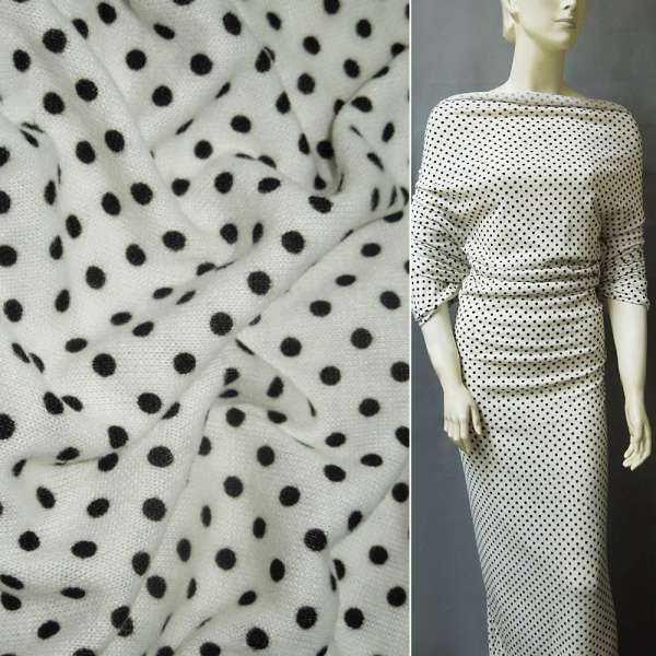 Трикотаж молочный в черный горох ш.160