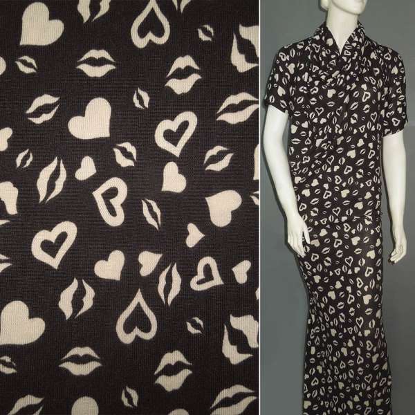 Трикотаж коричневий з бежевими серцями і губами ш.160