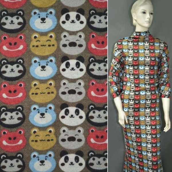 Трикотаж коричневый светлый с цветными мордочками ш.166