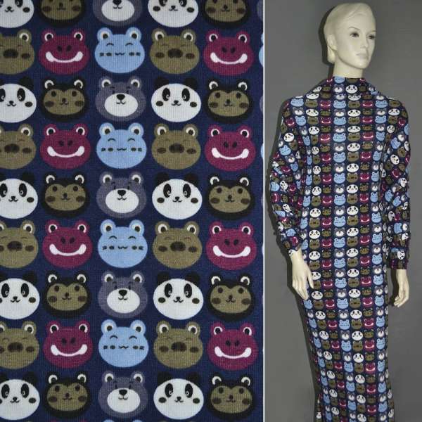 Трикотаж синий с цветными мордочками ш.166