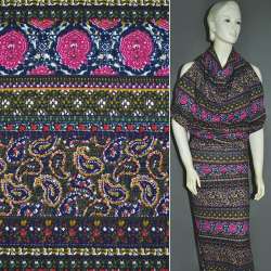 Трикотаж синий темный в полоски с огурцы и малиновым орнаментом ш.150