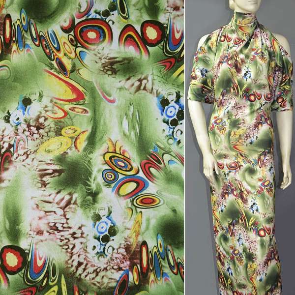 Трикотаж зеленый с разноцветной абстракцией ш.150