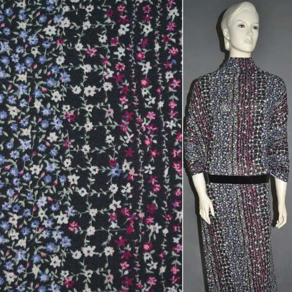 Трикотаж черный в сиренево-голубые мелкие цветы ш.160